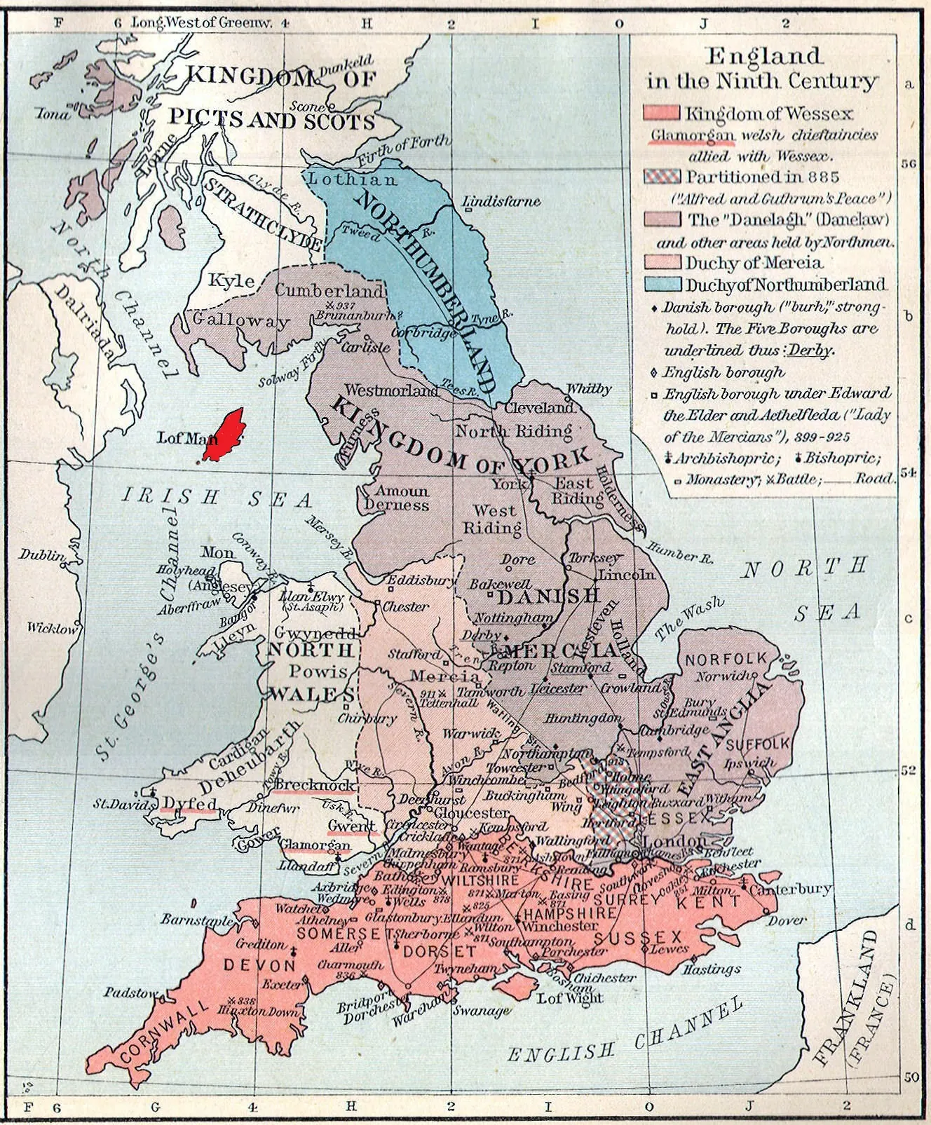 Historische Karte Englands im 9. Jahrhundert, die Isle of Man in der Irischen See rot markiert